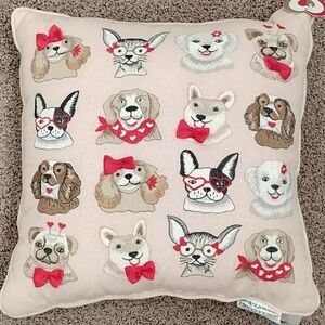 Valentines Day Novelty Puppy Dogs Décor Pillow Shimmer Pink Embroidered NWT